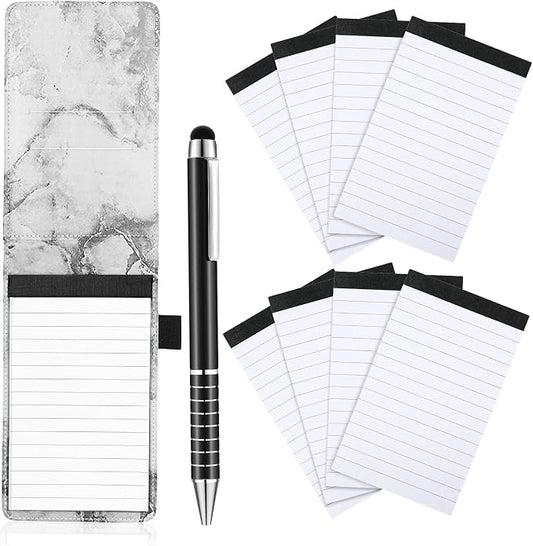 Outus 10 Pcs Mini Pocket Notepad Holder Set Included Small Leather Pocket Notebook Holder with 50 Lined Sheets, Metal Pen, 8 Pcs 3 x 5 Inch Memo Book Refills, 30 Lined Paper Per Note Pad(Marble Color)
