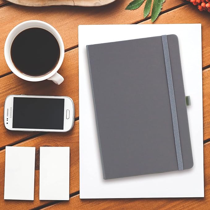 RICCO BELLO Lined Journal Notebook, Grey, 5.7 x 8.4-Inches | Faux Leather Hardcover, Pen Holder, College Ruled, 96 Sheets / 192 Pages, For Work & Notes