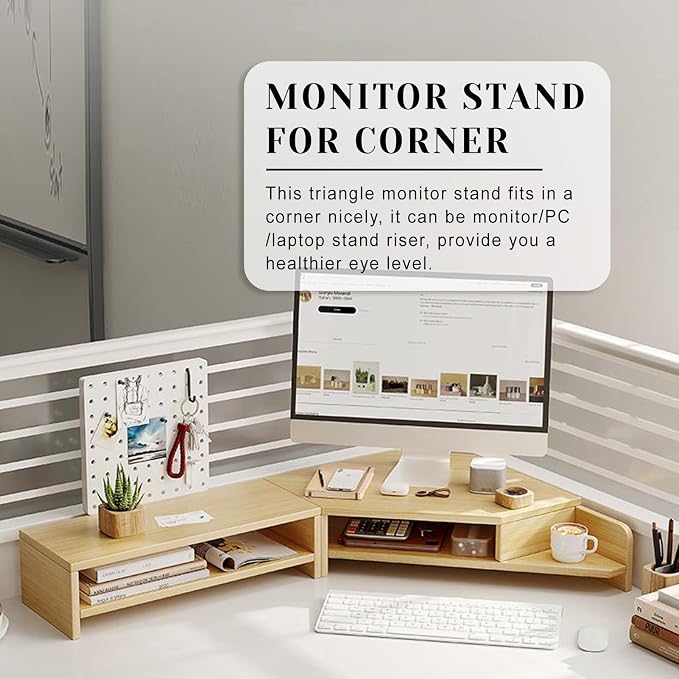 ROYUMI Double Layer Wooden Corner Monitor Stand, Monitor Riser for L Shaped Desk, Corner Laptop Stand with Slots, Space Saving Corner Desk Riser