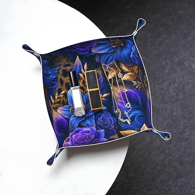 Luxury Leopard And Floral Blue Roses Valet Tray Leather Desktop Storage Organizer Bedside For Jewelry Keys Coin Sundries