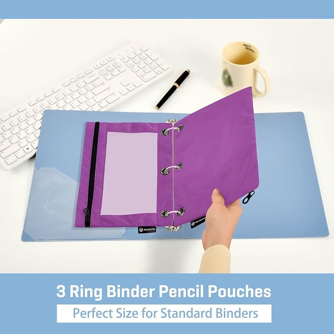 Gredecor Binder Pencil Pouch 3 Ring Purple Zipper Pencil Pouches Case 2 Pack Clear Binder Organizer for School Office