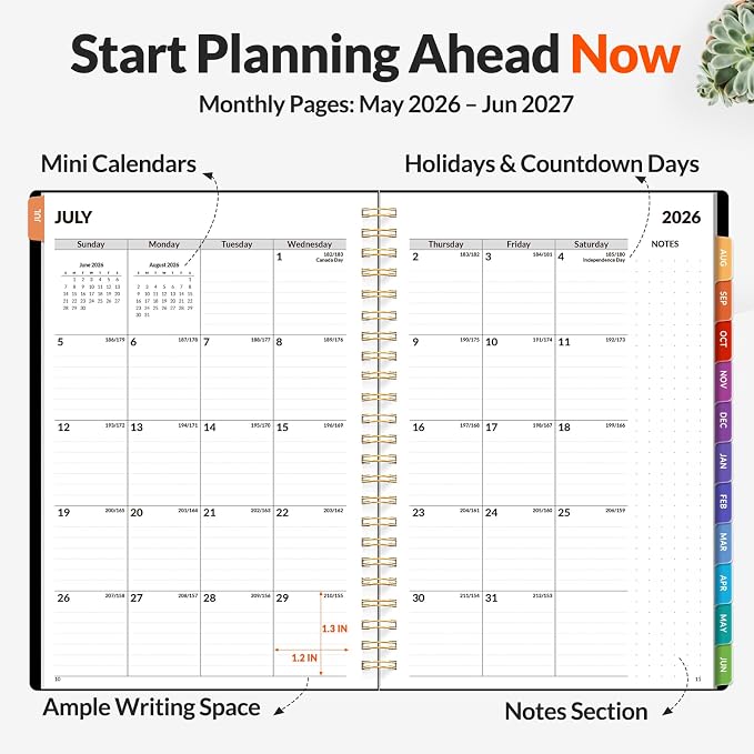 SUNEE Academic Planner 2026-2027 – Weekly & Monthly Planner, July 2026 to June 2027, 6.4"x8.3", Thick Paper, Tabs, Pockets, Bookmark, Spiral-Bound, Student Teacher Organizer, Black