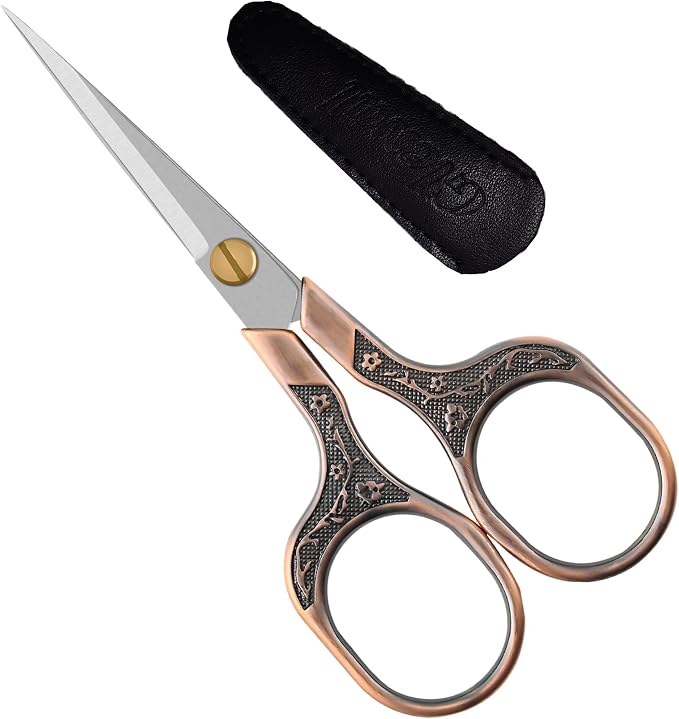 Crochet Scissors and Cross Stitch Scissors with Cover, 5 Inch Sharp Small Scissors for Crafting & Embroidery, Vintage Stainless Steel Needlework Snips for Lace Wigs, Decorative Metal Crafting Tool