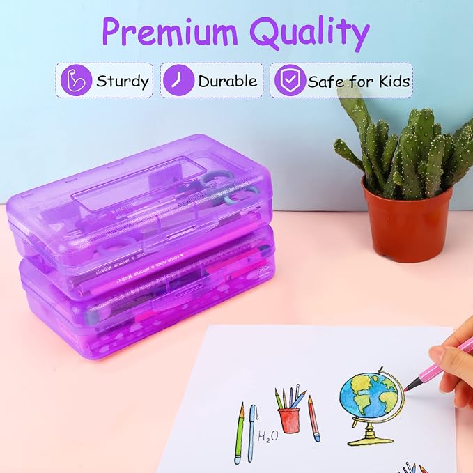 Sooez 1 Pack Clear Pencil Box, Plastic Hard Pencil Case with Stickers, Large Crayon Box with Snap-tight Lid, Stackable Storage Box Art Craft Marker Organizer Box for Kids Boys Back to School, Purple
