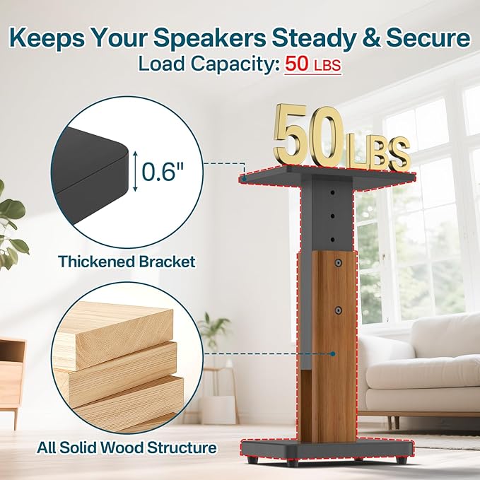 Height Adjustable Speaker Stands Pair with Most Satellite, Studio, Bookshelf Speakers - Wood Grain Floor Speaker Stands for Klipsch, Edifier, JBL Bookshelf Speaker Stands Holds 50Lbs with Cable Clips