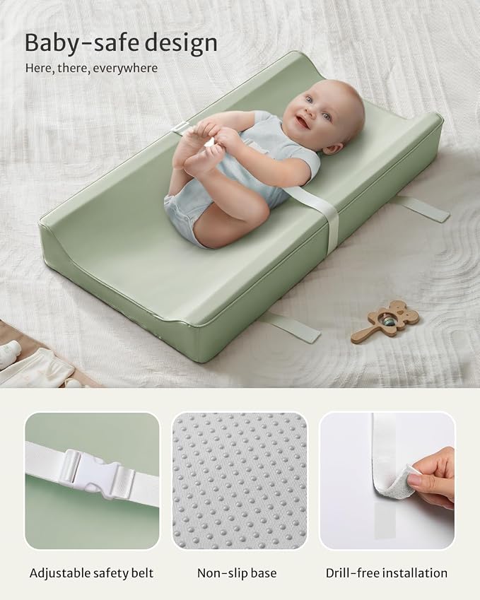 Blissful Diary Vegan Leather Baby Changing Pad with Waterproof & Wipe-Clean PU Cover, Standard Size Cozy Diaper Changing Pad for Dresser and Table, Light Green