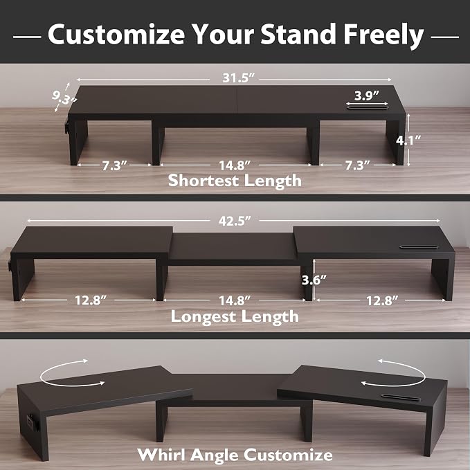 BONTEC Dual Monitor Stand Riser with Smartphone Holder, Adjustable Length & Swivel Angle, Ergonomic Wooden Desktop Organizer for PC Monitor, Laptop, Printer, Large Storage, 42.5 in, Black