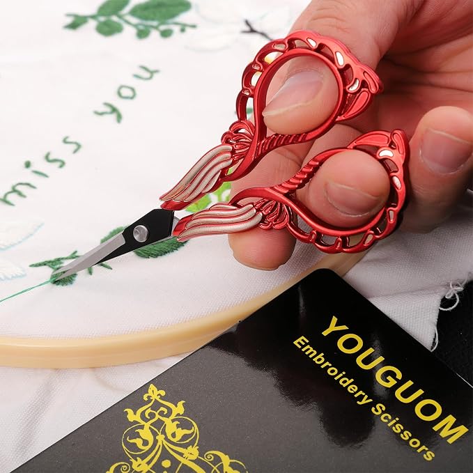 YOUGUOM Small Sewing Scissors, Sharp Detail Shears with Cover | Vintage Little Precision DIY Tool Kit for Crafting, Embroidery, Needlework, Cross Stitch, Thread, Paper Cutting, Red