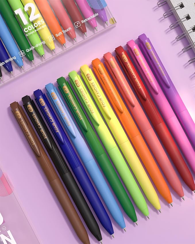 Four Candies Quick Dry Ink Colorful Pens Set, 12 Colors | 0.7mm Fine Point Colored Pens for Note Taking & Drawing, Colored Gel Pens with Comfort Grip for Office & School Supplies