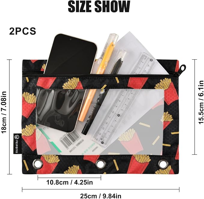 Emelivor Chips Black Pencil Pouch for 3 Ring Binder 2 Pack Binder Pencil Case with Clear Window Pencils Bags with Zipper for Office Daily College Home Supplies