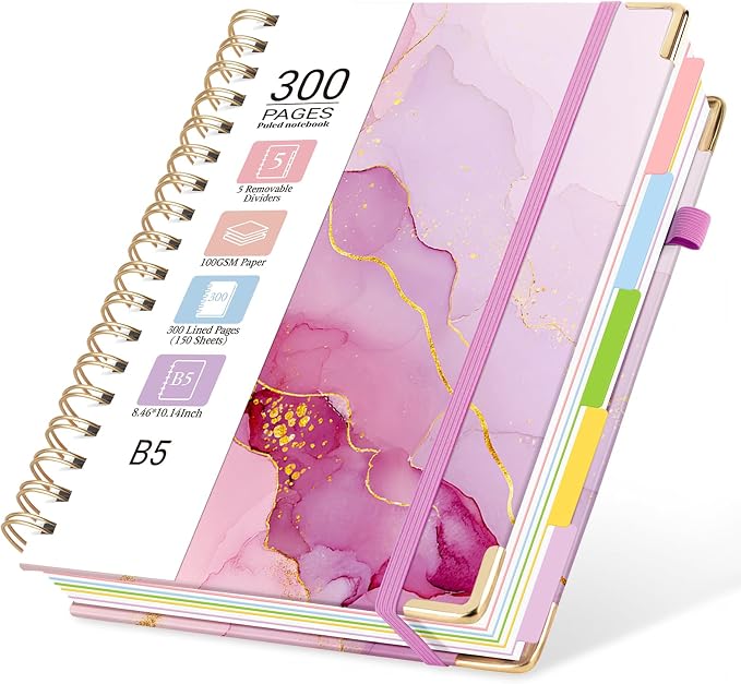 Hardcover Spiral Journal Notebook, 300 Pages 5 Subject Notebook College Ruled with Removable Dividers Tabs, 8" x 10" Notebooks for Work, Spiral Ruled Lined Writing Journal Hardcover Leather Notebook for School (Purple marble, 8''x 10'')