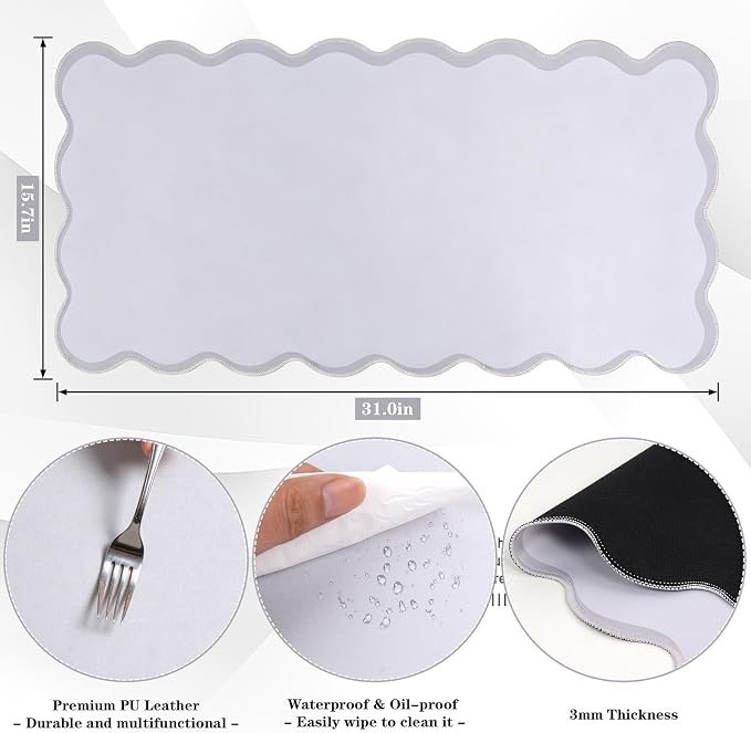 yuboo Grey Scalloped Desk Mat, 31" x 15.7" Large Waterproof Pastel Desk Mat Cottagecore Aesthetic Desk Pad Desktop Keyboard Mouse Mat for Dorm Office Gaming Decor