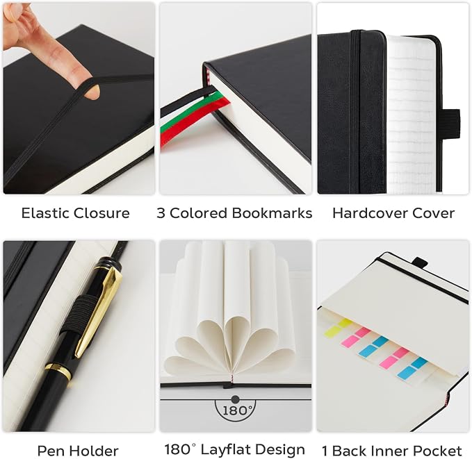FOCUS DAY Notebooks College Ruled, A4 (8.5 x 11) Large Notebook Journal with 100GSM Lined Paper, Hardcover Leather Journaling Notebooks for Women & Men, 320 Pages, Big Black Notebook