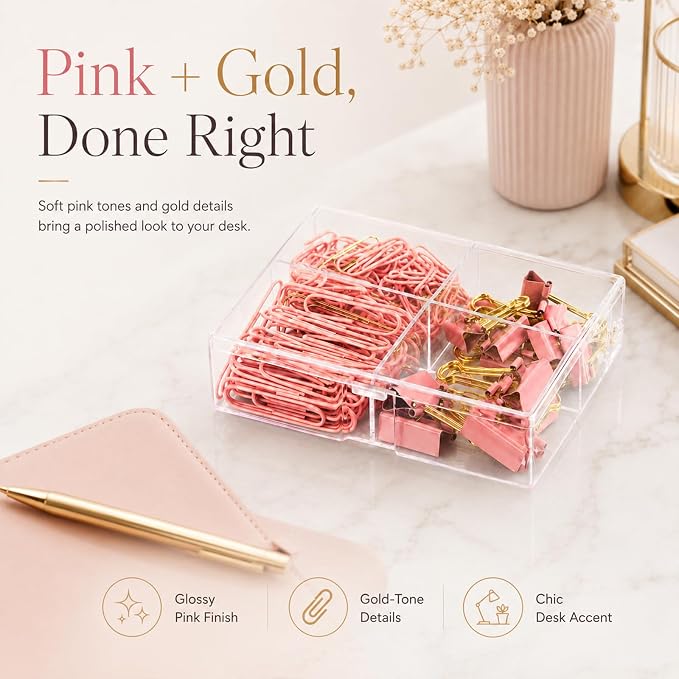 Pink and Gold Paper Clips Binder Clips Set with Storage Box, 165 Psc, Assorted Size Decorative Office Clips, Cute Desk Accessories for School, Home Office, Planner, Journal and Documents