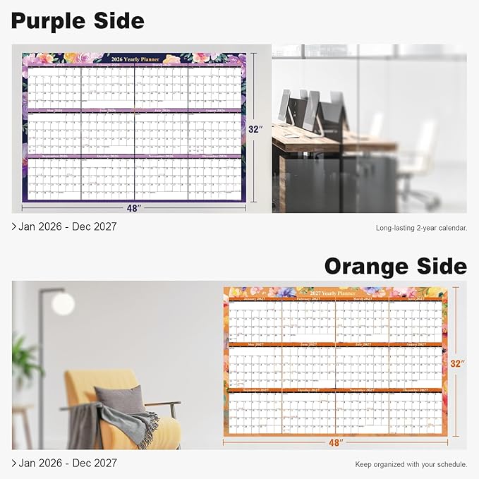Ospelelf Wall Calendar 2026-2027 Large Dry Erase Calendar 32'' x 48'', Yearly Laminated Monthly Family Calendars for Office, Use Jan 2026 - Dec 2027 (Floral)