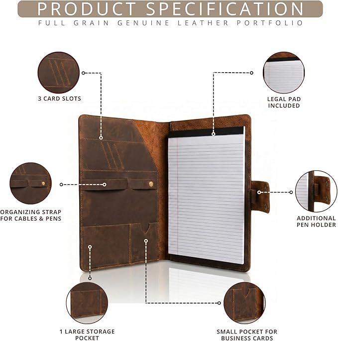 Personalized Leather Portfolio for Men, Women - Custom Business & Organizer A4 A5 Document Binder, Journal for Coworker, Employee, Gift for Him, Her, Students, Graduation, Father’s Day, Office Gifts