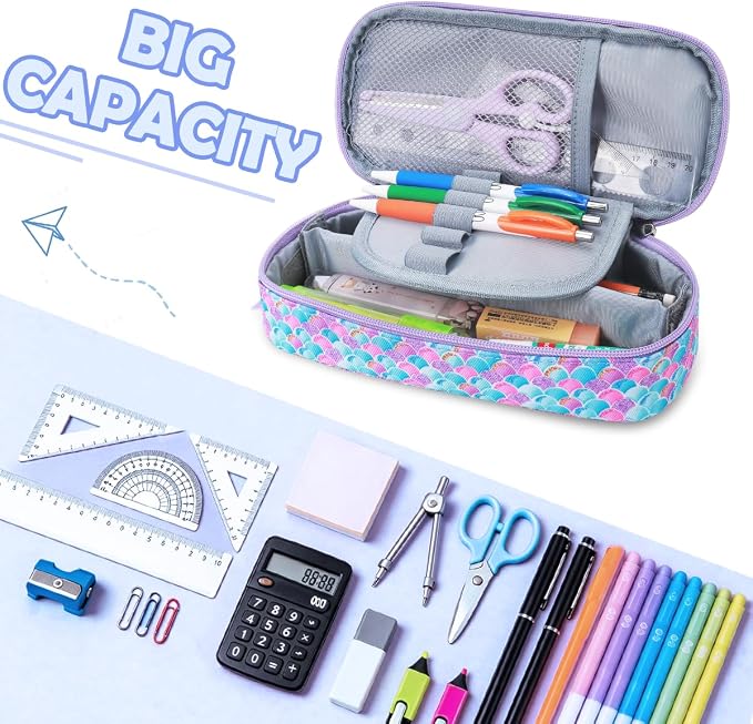 RHCPFOVR Kids Pencil Case for Girls-Soft Zipper Large Capacity Pencil Pouch for Girls Pencil Case for School Pencil Bag for Toddler (Purple Mermaid)