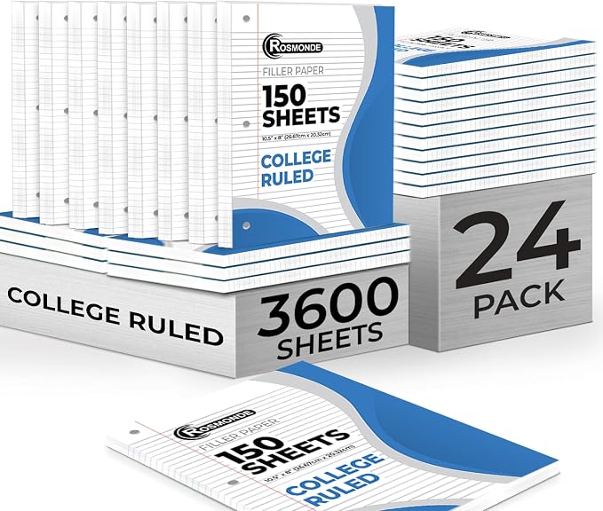 Rosmonde 3600 Sheets Loose Leaf Paper Bulk, 24 Pack, College Ruled Paper | Bulk Notebook Paper, 8" x 10.5", 150 Sheets/Pack, Bulk Office Filler Paper, 3 Hole Punched, College Ruled Paper For Binder