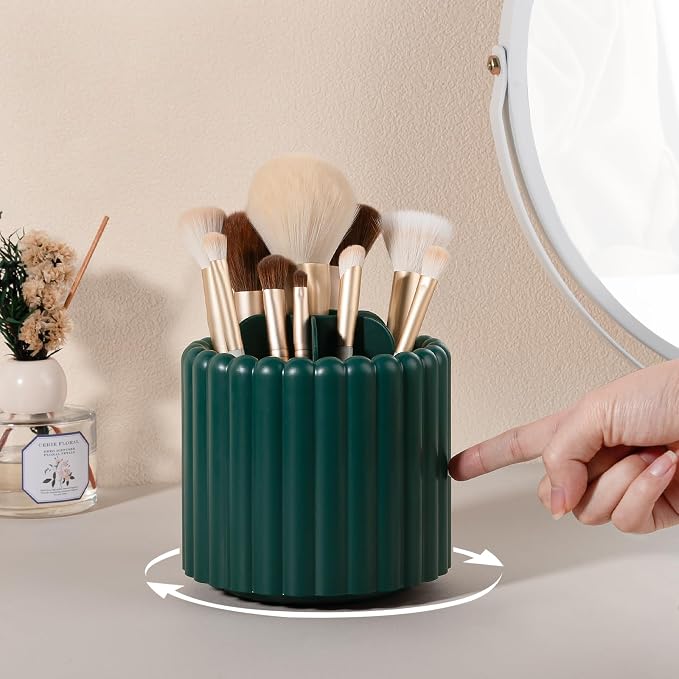 Rotating Makeup Brush Holder Organizer with Removable Dividers, Teal Green | 7 Slots Make Up Brush Organizer 360 Spinning Cosmetic Storage Pen Holder for Desk, Vanity, Dresser