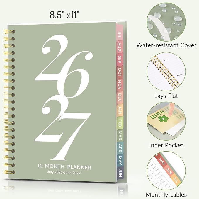 Forvencer Planner 2026-2027, July 2026 - June 2027, 8.5" x 11" Academic Year Monthly and Weekly Calendar Planner with Spiral Bound, Month Tabs, Flexible Cover for School Office (A4, Beige)