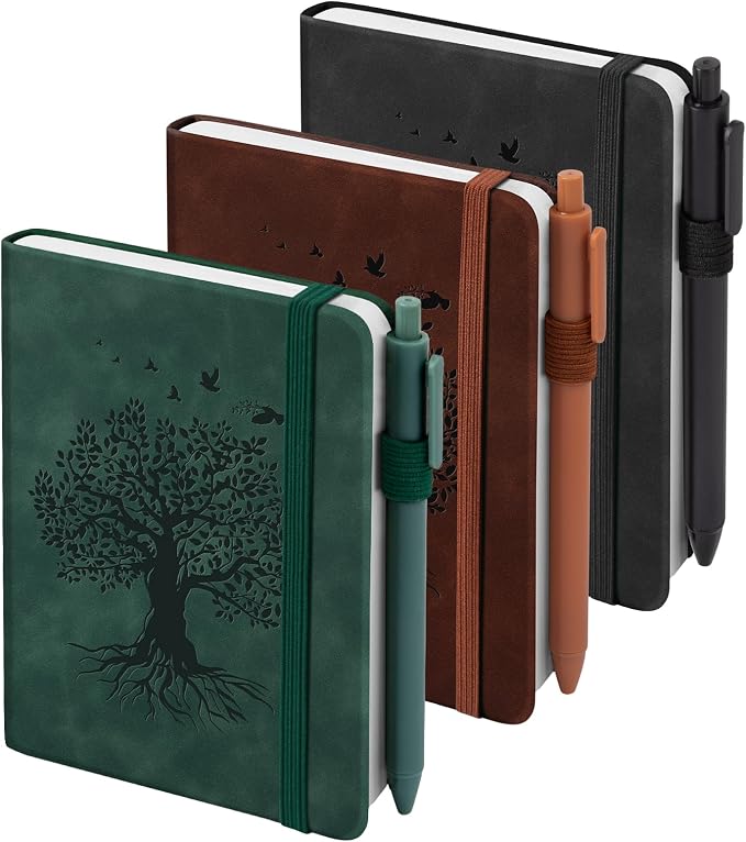3 Pack Pocket Journaling Notebooks, A6 Small Notebook Total 360 Pages Journaling Notebooks For Note Taking Journals For Writing Mini Note Pads With Pen Holder 100 GSM Thick Paper(Black,Green,Brown)