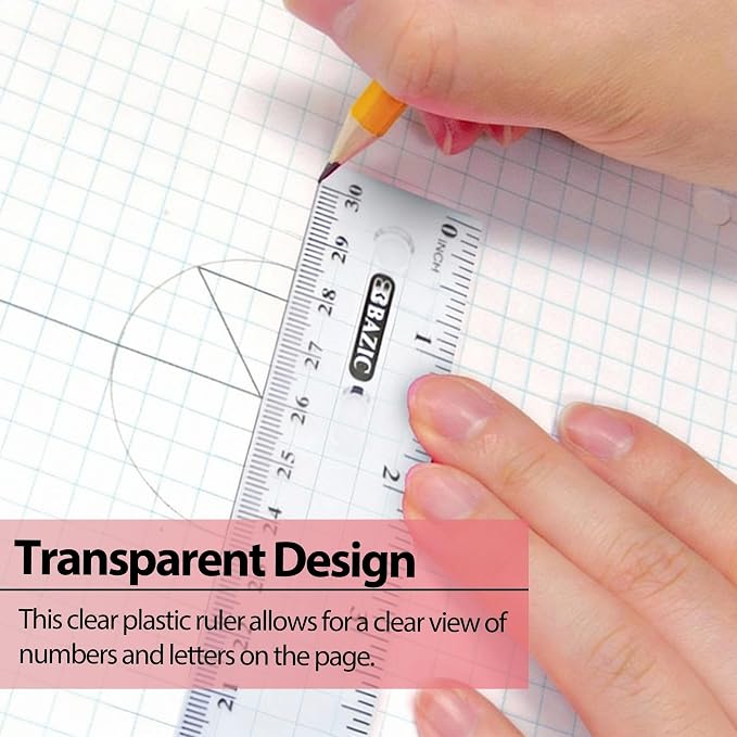BAZIC Products 12 in Clear Plastic Ruler, Inch & Metric (30 cm) | clear inch and centimeter marks for measuring and drawing straight lines