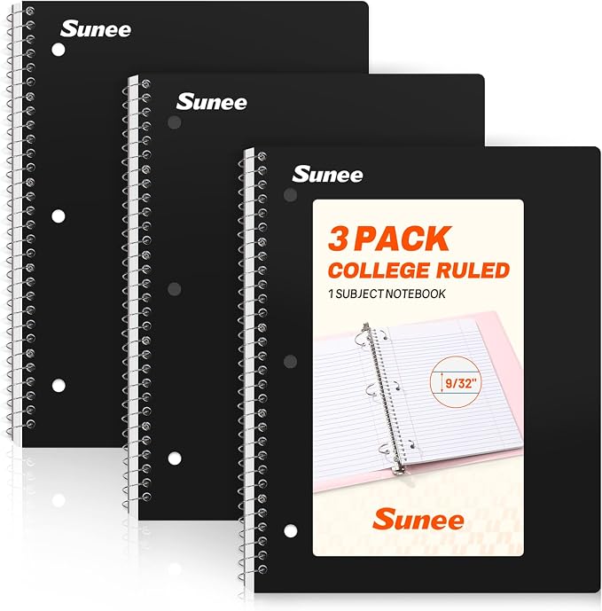 SUNEE Spiral Notebooks, 3 Pack, 1-Subject, College Ruled Paper, 8" x 10-1/2", 70 Sheets per Notebook, Black