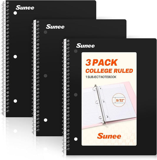 SUNEE Spiral Notebooks, 3 Pack, 1-Subject, College Ruled Paper, 8" x 10-1/2", 70 Sheets per Notebook, Black
