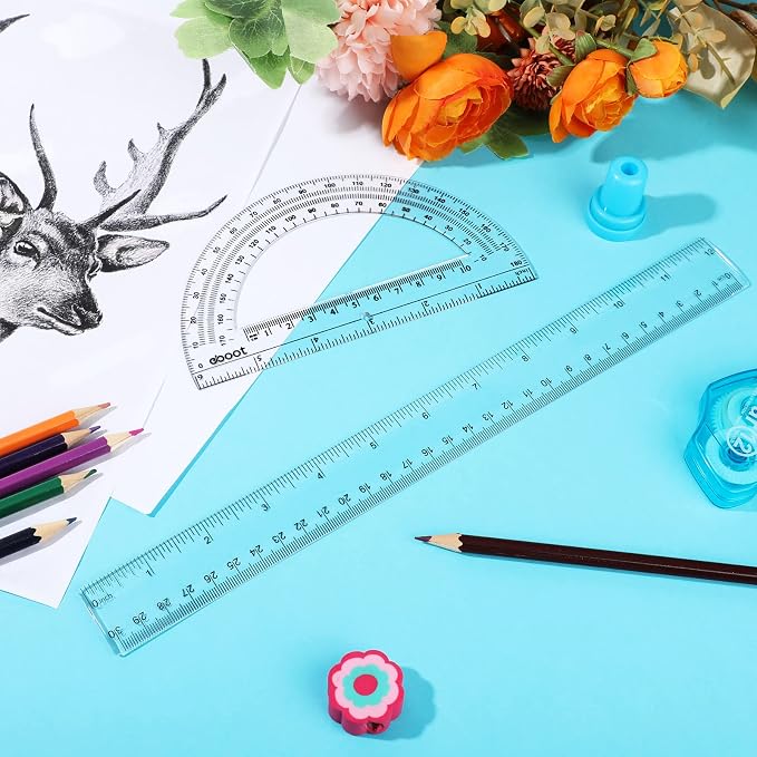 Zonon 2 Pcs 12 Inch Clear Ruler and 6 Inch Plastic Protractor Set, Dual Scale Inch/Cm Math Geometry Measuring Tools for Back to School Students Teachers Classroom Office Drafting Use(Clear)