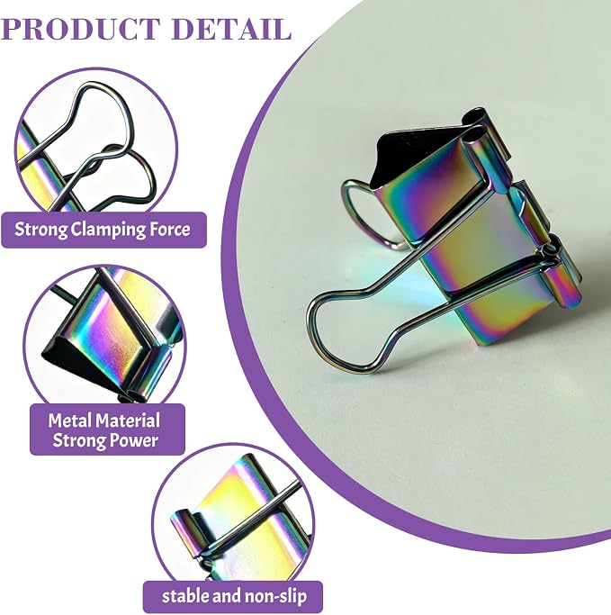 1.25 Inch Rainbow Binder Clips, Medium Paper Clamps for Home Office, 6 Pack | 6 Pcs, Rainbow Paper Clamps, Colorful Binder Clips, for Office Use, Organize Files, Folders, and Documents