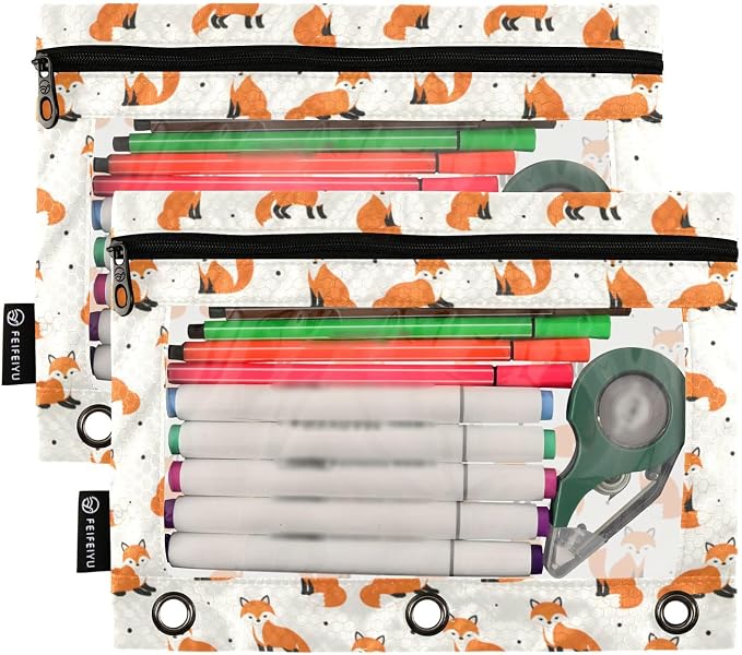 ALAZA Pencil Pouch for 3 Ring Binder, Cute Foxes Polka Dot Cartoon Binder Pencil Pouches with Clear Window Zipper Pencil Case Cosmetic Bags for Office College Supplies, 2PCS