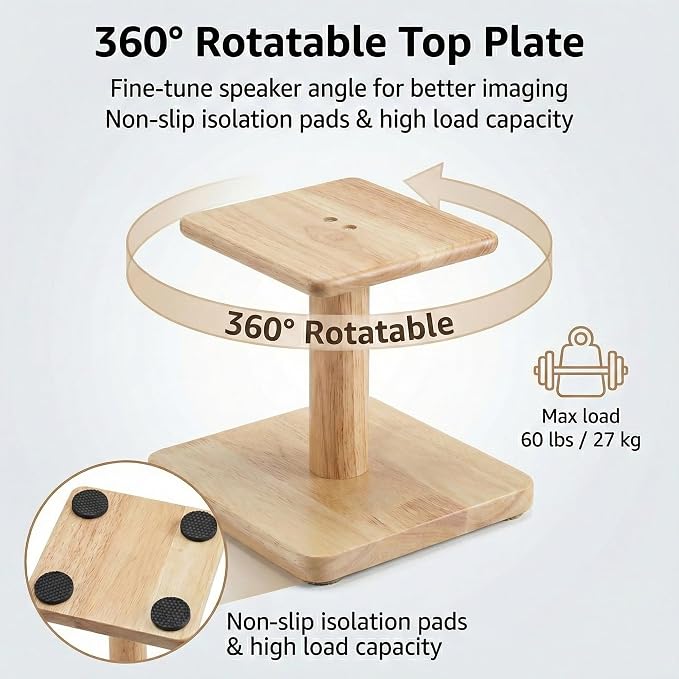 Desktop Speaker Stands Made of Pure Solid Wood, Natural Style, 360° Rotatable Top Plate, Suitable for Medium/Large Tabletop Speakers and Studio Monitors (Natural Oak_DSS7(7 inch))