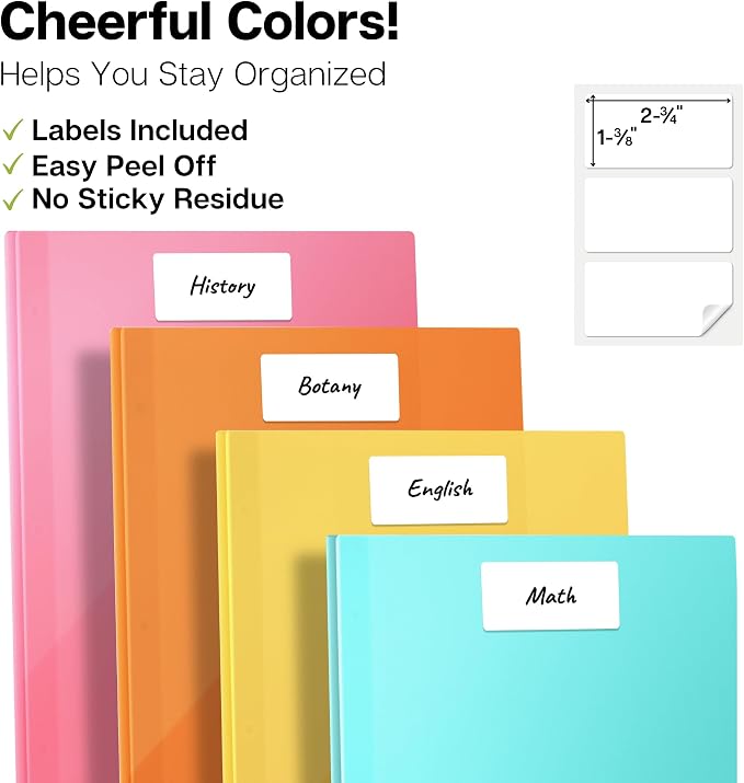 Dunwell Pastel Folders with Prongs (6 Pack), Aesthetic Back to School Supplies, 2 Pocket 3-Prong Color-Coded Plastic Folders for School, Labels Included
