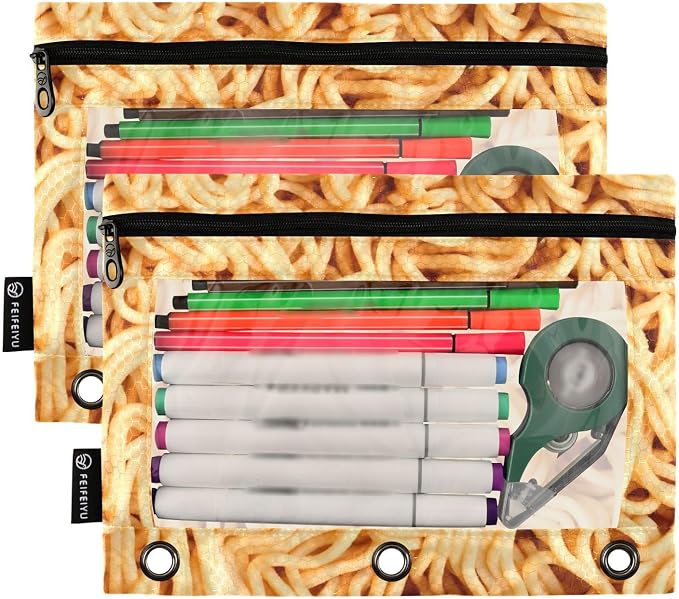 Ramen Noodles Pencil Pouches for 3 Ring Binder 2 Pack | Binder Pencil Case With Zipper Reinforced GrommetsPencil Bags for Office Organizers