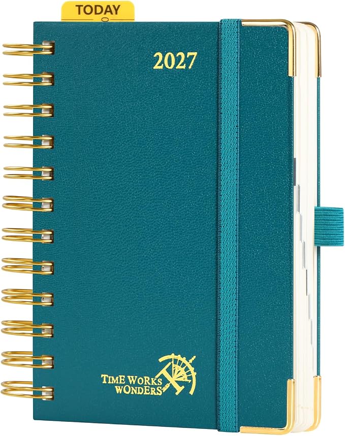 POPRUN 2027 Daily Planner One Page Per Day, Small 4.25" x 6.25", Calendar Book from Jan 2027 - Dec 2027, Hardcover Appointment Book with Hourly Time Slots, Spiral Bound - Pacific Green