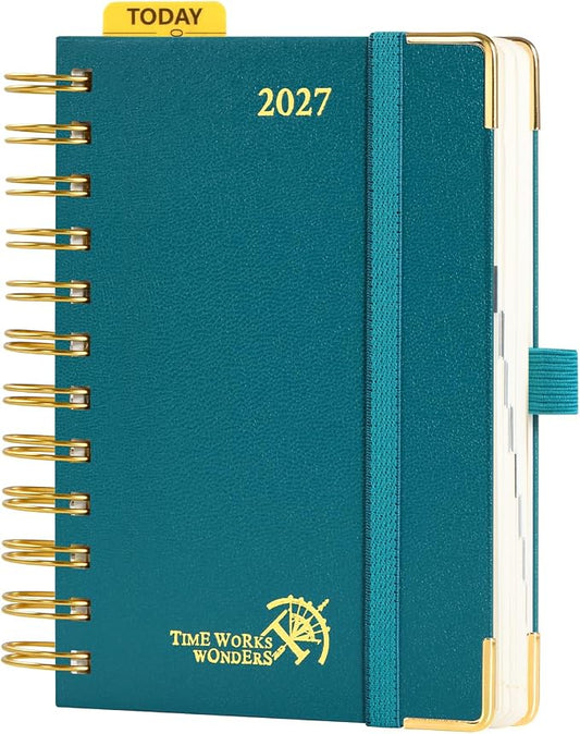 POPRUN 2027 Daily Planner One Page Per Day, Small 4.25" x 6.25", Calendar Book from Jan 2027 - Dec 2027, Hardcover Appointment Book with Hourly Time Slots, Spiral Bound - Pacific Green