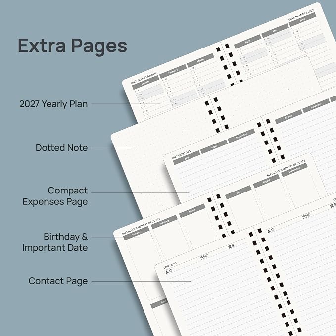 POPRUN 2027 Daily Planner One Page Per Day, 5.75" x 8.5", Calendar Book from Jan 2027 - Dec 2027, Hardcover Appointment Book with Hourly Time Slots, Spiral Bound, Monthly Tabs - Midnight Green