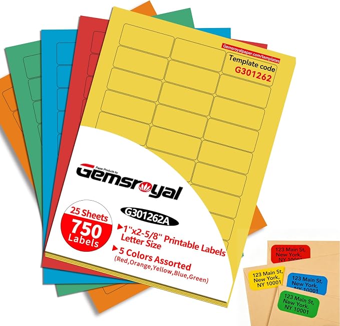 Colored Address Labels Printable 1”×2-5/8",Assorted Bright Neon Colors (Red,Orange,Blue,Green and Yellow),Color Mailing Labels for Inkjet & Laser Printer, Strong Adhesive,750 Stickers Total