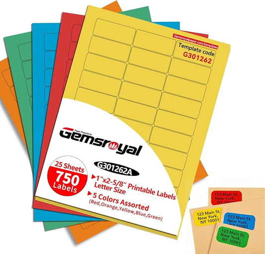Colored Address Labels Printable 1”×2-5/8",Assorted Bright Neon Colors (Red,Orange,Blue,Green and Yellow),Color Mailing Labels for Inkjet & Laser Printer, Strong Adhesive,750 Stickers Total