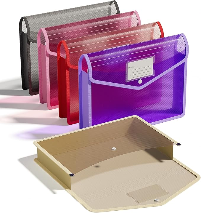 ThinkTex Plastic Expanding File Folder, Transparent Envelopes with Snap Closure, No Dividers, Large Capacity, Document Organizer for Receipts, Bills & Taxes, Fits Letter / A4 Size - 5 Pack