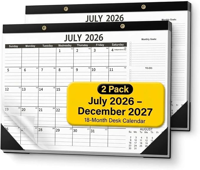 Calendar 2026-2027 (2 Pack) - 18 Month Desk Calendar 2026-2027(July 2026 - Dec 2027), 17" x 12" Desk Calendar with Thick 120 GSM Paper for School & Office.