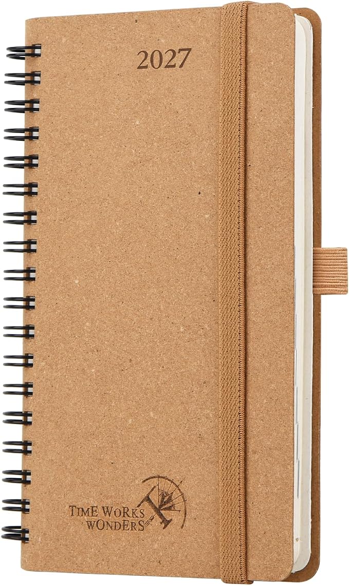 POPRUN 2027 Recycled Pocket Planner (Slim Size 3.5'' x 6.5'') Calendar Book | Weekly and Monthly Planner for Purse with Hourly Time Slots, Italian Regenrated Leather, Spiral Soft Cover - Desert Brown