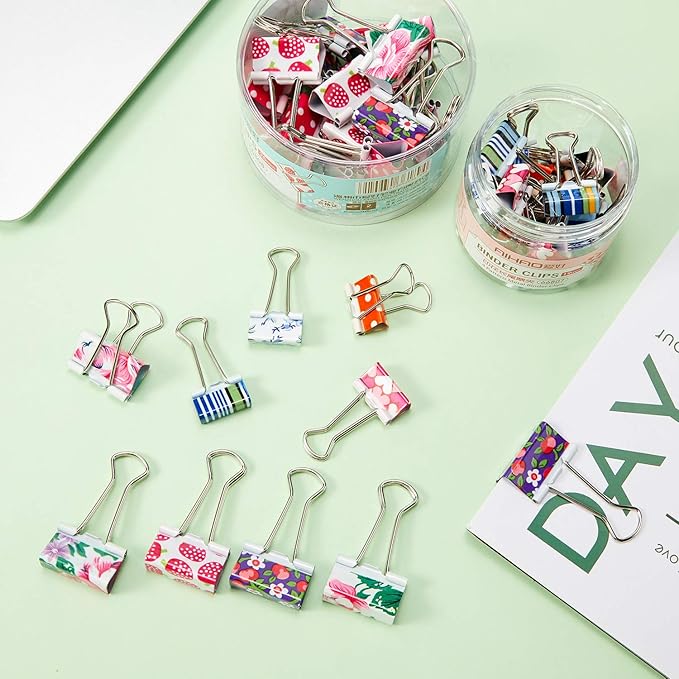 Outus 48 Pcs Colorful Binder Clips with Box, 2 Sizes, 0.75 in & 1 in | Decorative printing, small mini clips, paper notebook organizer, assorted designs, storage box included