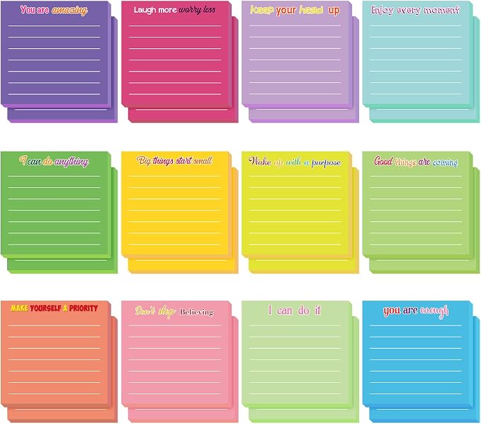 Yinder 12 Pcs Inspirational Sticky Notes, Back to School Supplies, Cute Motivational Sticky Notes Pad Employee Appreciation Gifts Bulk for Teacher Coworker Office 3 x 3'' (Inspirational,Dark Color)