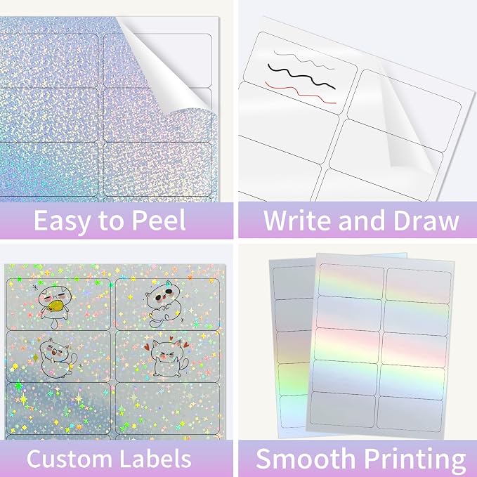 STARLIBOO Holographic Stickers Labels - 2" x 4" Address Labels Mailing Stickers for Laser/Inkjet Printer 8.5"×11"-Star, Rainbow, Transparent, Dots- 20 Sheets