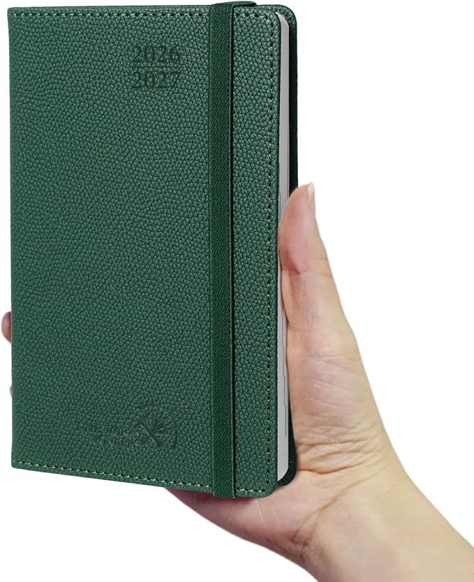 POPRUN 2026-2027 Small Weekly Planner, 4" x 6.25" Pocket Calendar for Purse | Academic Year (Jul 2026 - Jun 2027) Daily Planner with Lined Sections, Leather Hardcover, 100GSM Paper - Forest Green