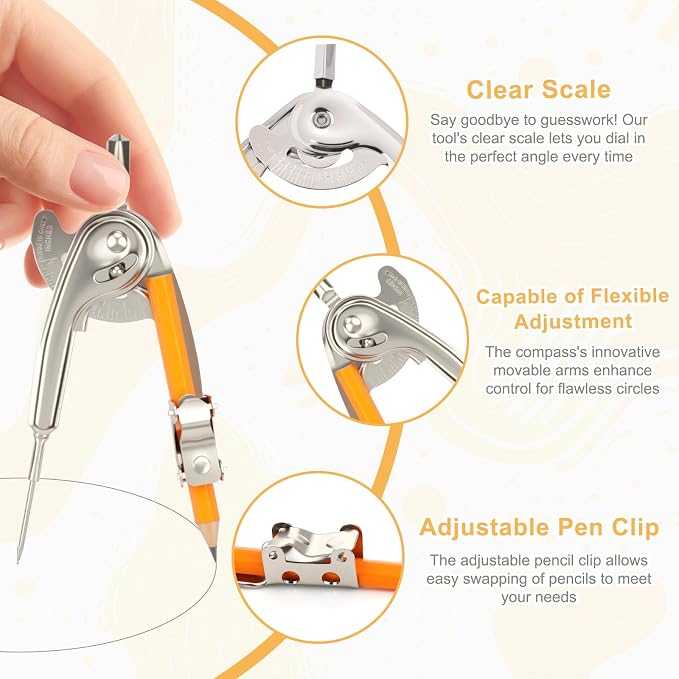 Mototo 2-PCS Geometry Tool Set, Math Compass for Geometry and 6 Inch Protractor Set Include Metal Compass with Pencil and Clear Plastic Protractor for Student Classroom Office Woodworking Art Drawing