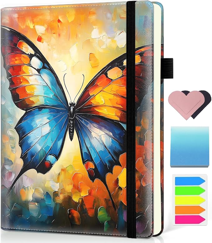 Hardcover Executive Notebooks, A5 PU Leather Lined Journal Notebook, 200 Pages Thick Paper Subject Notebooks for School,Work,Home Writing Business Notebook, Diary Book ，Colorful Butterfly