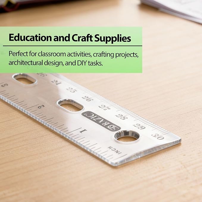 BAZIC Products 12 in Clear Plastic Ruler, Inch & Metric (30 cm) | clear inch and centimeter marks for measuring and drawing straight lines