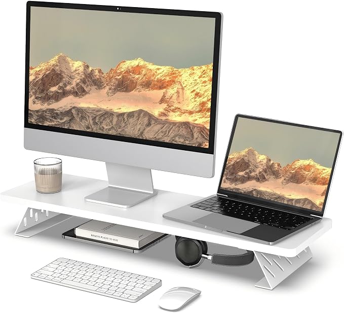 Fenge Monitor Stand Riser, Wooden & Metal Desk Shelf Organizer, White | 31.5 Inch Computer Stand for Compact Work Station, Multifunctional Monitor Shelf for Laptop, PC, Printer
